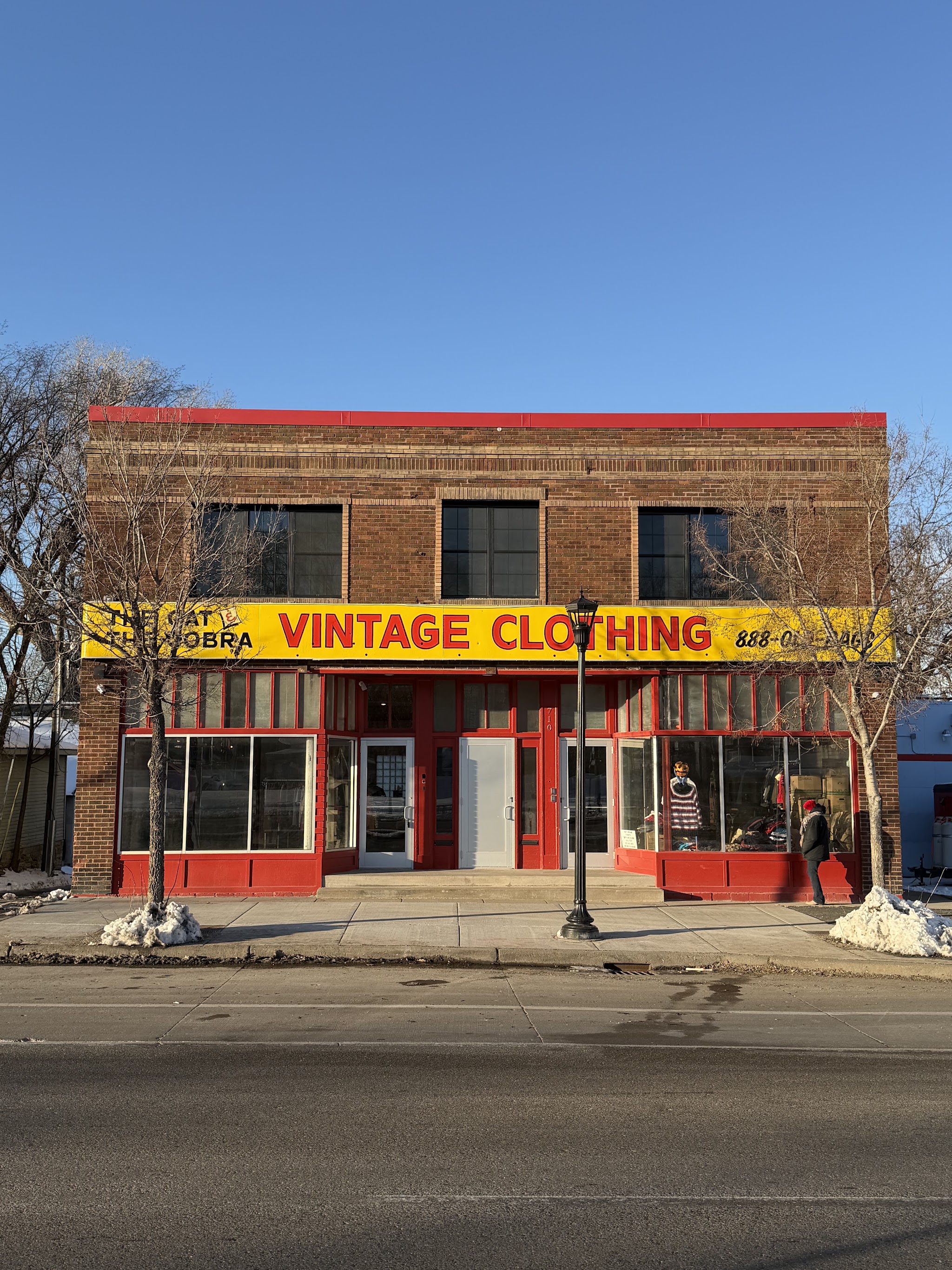 The Cat and the Cobra storefront on Lowry Avenue: red brick, a hand-painted yellow Vintage Clothing sign and red window frames
